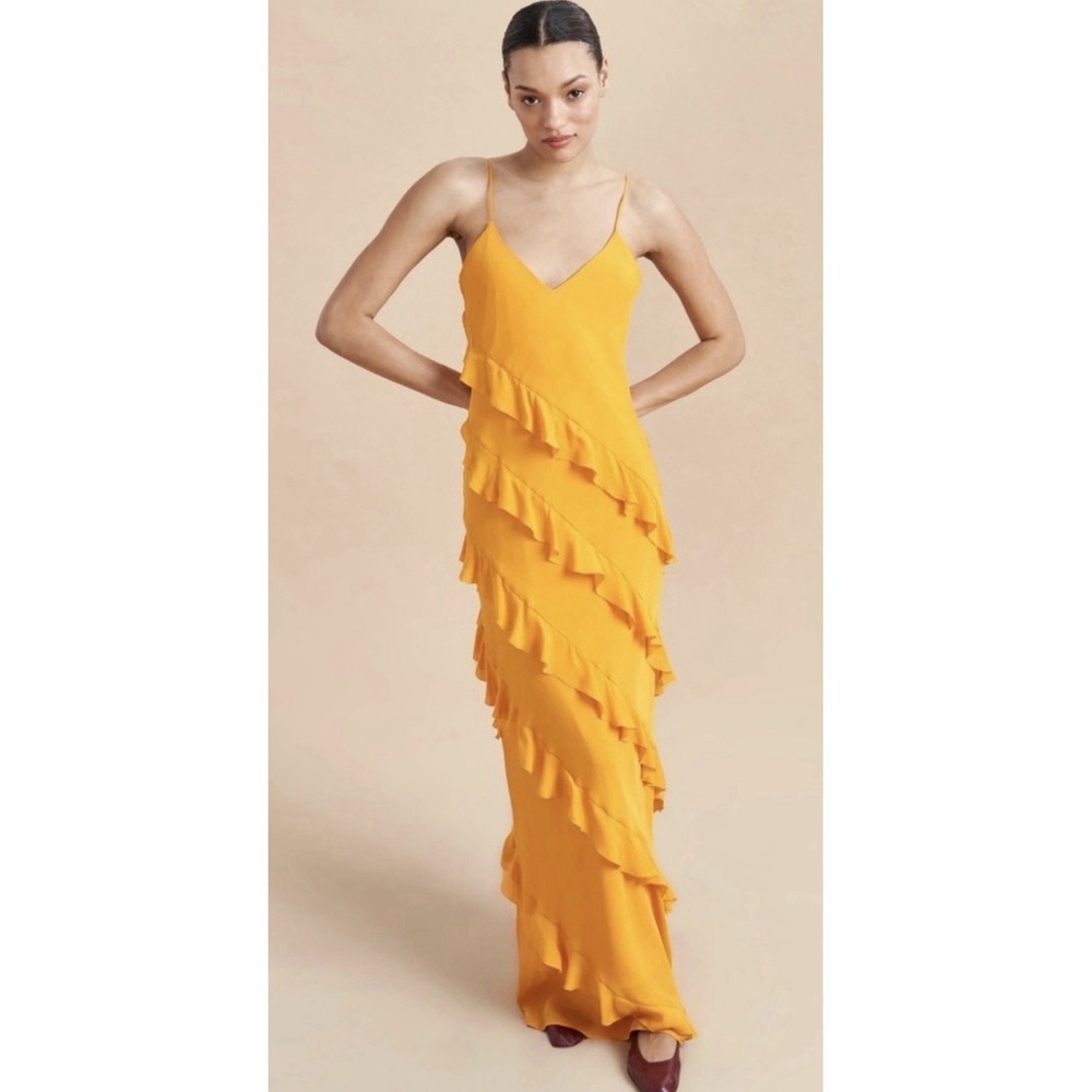 La Ligne Gio Marigold Silk Maxi Dress Ruffle Size Large Sun Tiered Dry Clean